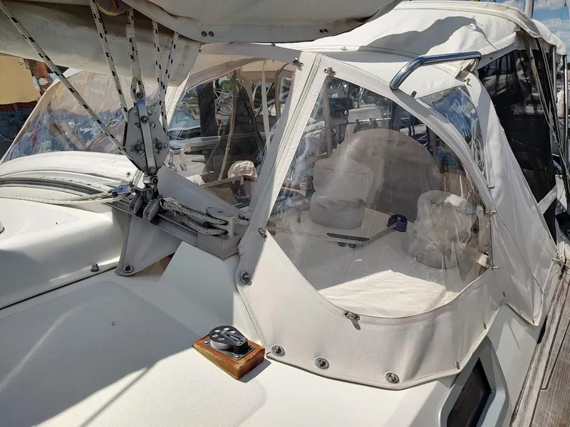 Slide: The Image of 1982 Ta Shing Tatoosh 42 sailboat cockpit with protective canopy and rigging details. - 18