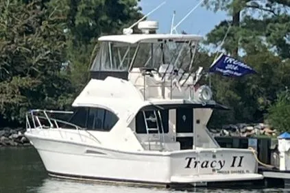 Slide: The Image of 2002 Riviera 350 yacht named "Tracy II" docked near lush greenery. - 4