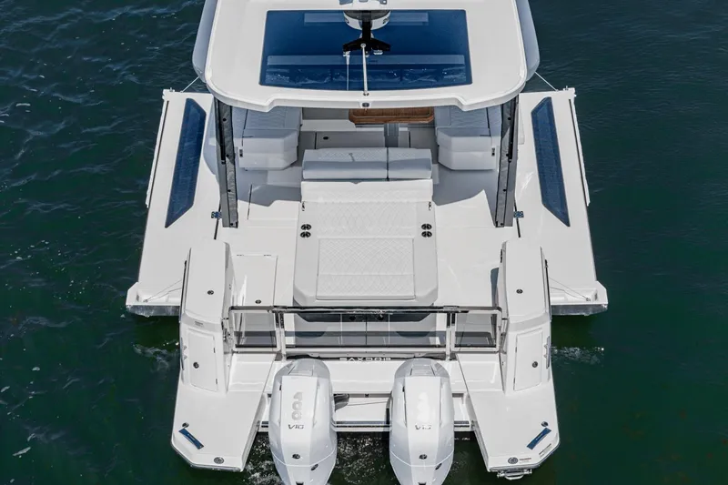 Slide: The Image of 2025 Saxdor 400 GTO luxury boat with dual engines, aerial view. - 18