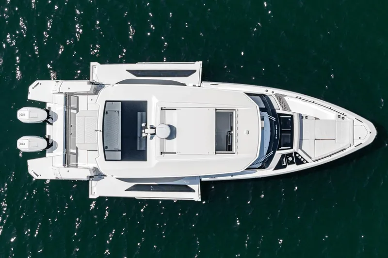 Slide: The Image of Top view of 2025 Saxdor 400 GTO yacht on water. - 34