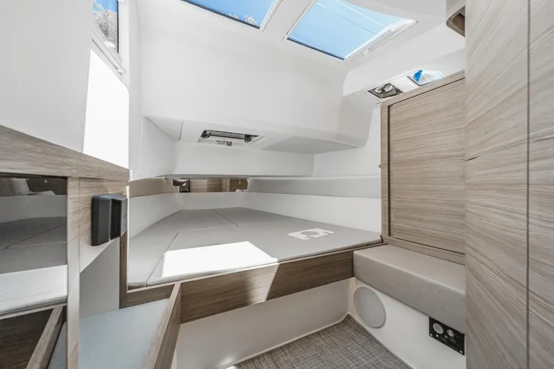 Slide: The Image of Interior of 2025 Saxdor 400 GTO boat, featuring modern design and natural light. - 49