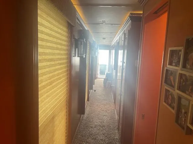 Slide: The Image of Hallway inside 2009 Horizon 18 x 85 Houseboat with carpet and wall photos. - 19