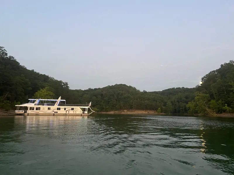 Slide: The Image of 2009 Horizon 18 x 85 Houseboat on serene lake with lush forest backdrop. - 4
