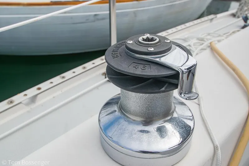 Slide: The Image of Winch on 1992 Catalina 36 sailboat deck, with nearby boat in background. - 34