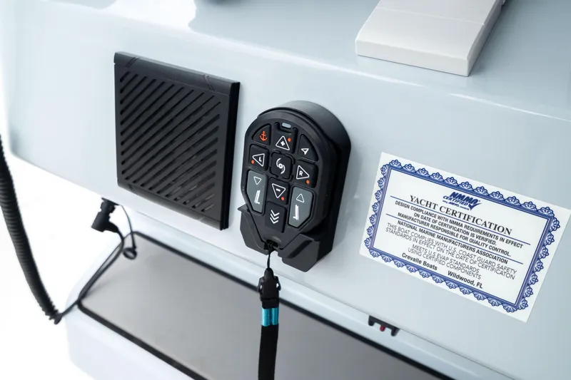 Slide: The Image of Control panel and yacht certification on 2026 Crevalle 33 CSF boat. - 48