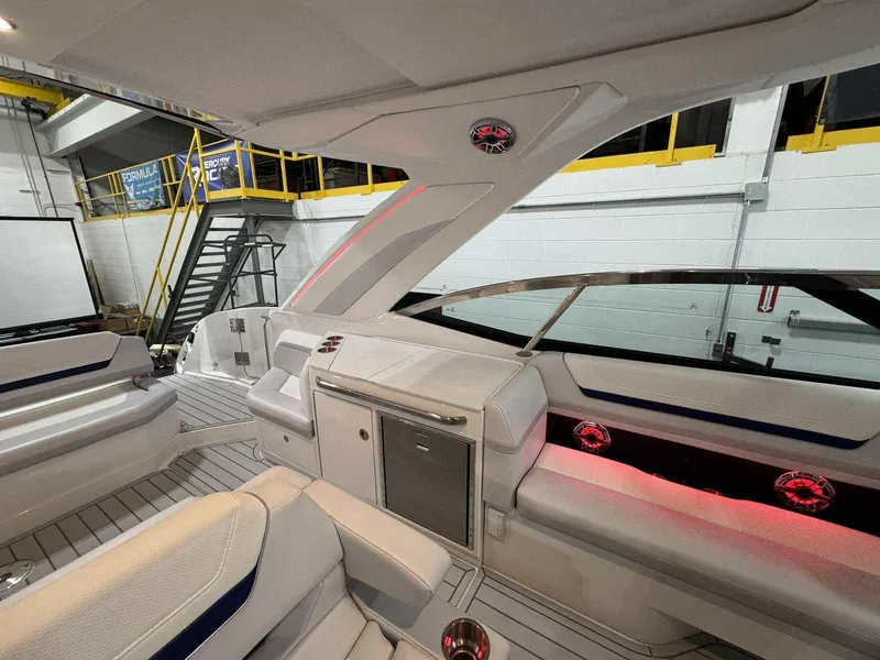 Slide: The Image of Interior of 2026 Formula 360 Crossover Bowrider I/O with modern seating and ambient lighting. - 38