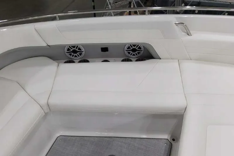 Slide: The Image of 2027 Formula 360 Crossover Bowrider I/O interior with white seating and built-in speakers. - 45
