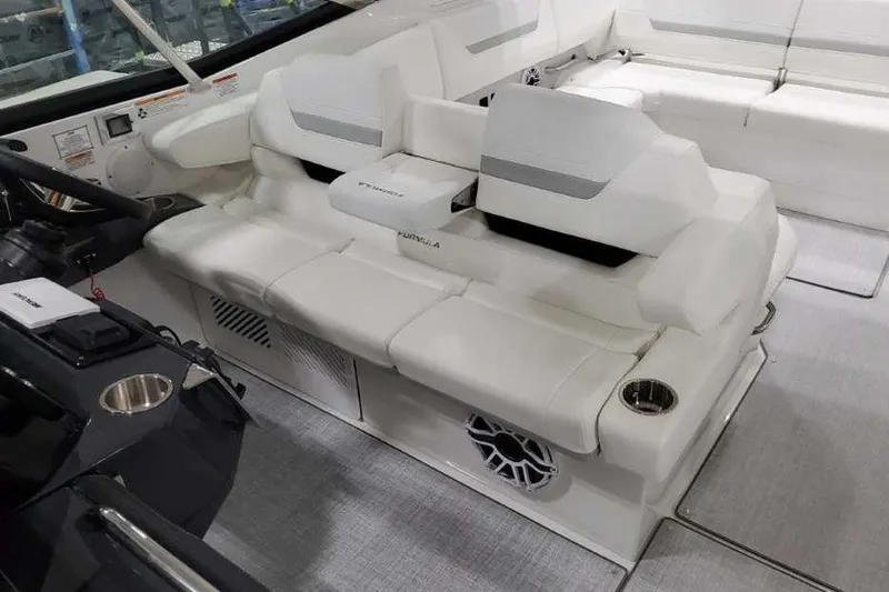Slide: The Image of 2027 Formula 360 Crossover Bowrider I/O interior with luxurious white seating and modern design. - 33