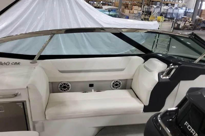 Slide: The Image of 2027 Formula 360 Crossover Bowrider I/O interior with white seating and modern design. - 30