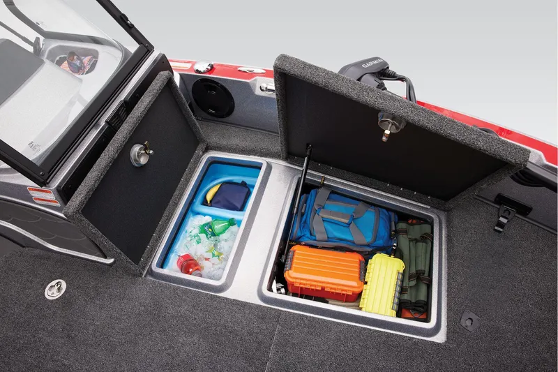 Slide: The Image of 2025 Nitro ZV20 Sport Pro boat storage compartments with organized gear and equipment. - 14