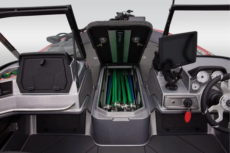 Slide: The Image of Interior of 2025 Nitro ZV20 Sport Pro boat with storage and control panel. - 17