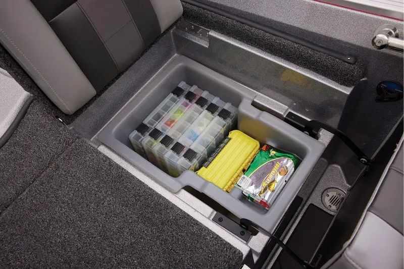 Slide: The Image of Storage compartment in 2025 Nitro ZV20 Sport Pro boat with organized fishing gear. - 22