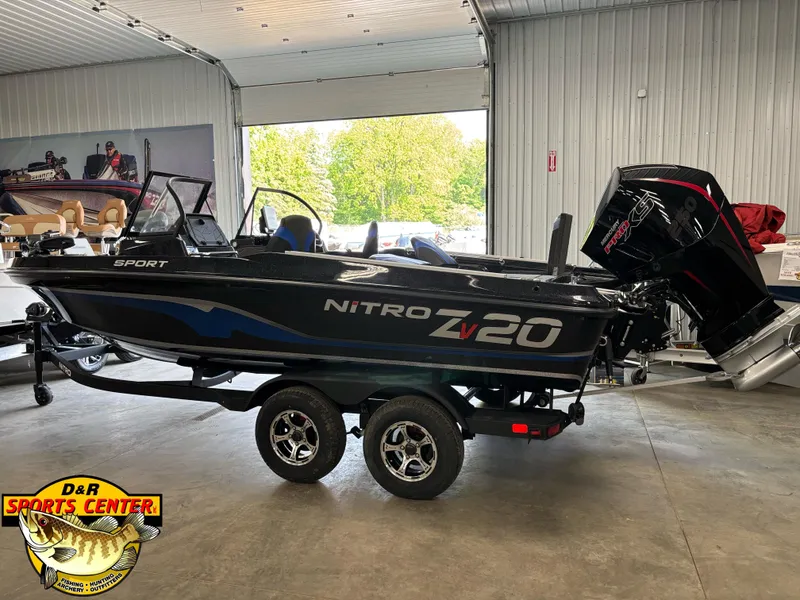 Slide: The Image of 2025 Nitro ZV20 Sport Pro boat in showroom, rear view with powerful outboard motor. - 3