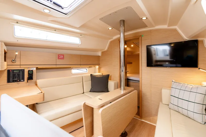 Slide: The Image of Luxurious interior of 2023 Hanse 348 yacht with modern seating and TV. - 31