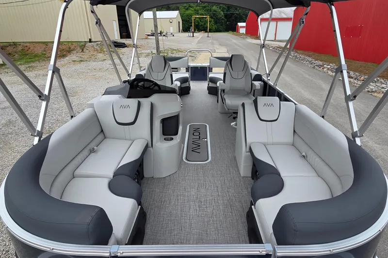 Slide: The Image of 2025 Avalon Platinum LSZ 2585 Quad Lounger Shift pontoon boat interior with luxurious seating. - 4
