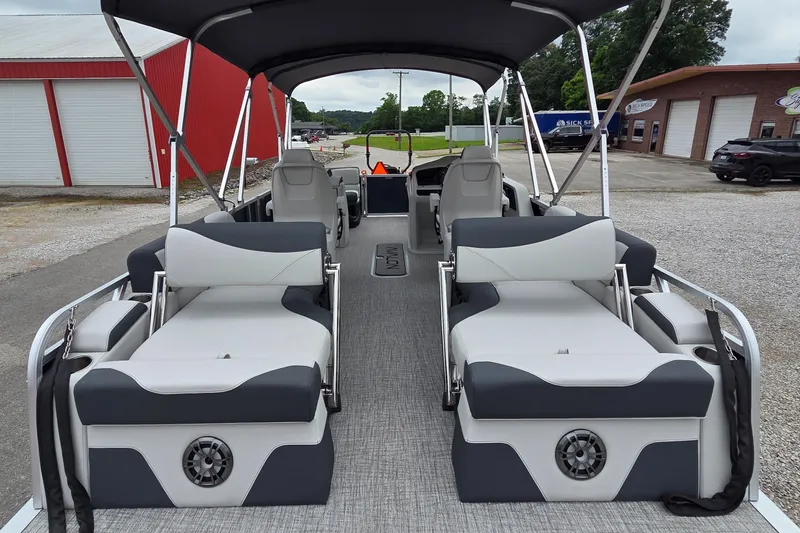 Slide: The Image of 2025 Avalon Platinum LSZ 2585 Quad Lounger Shift pontoon boat interior with luxurious seating. - 9