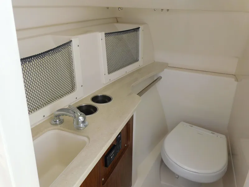 Slide: The Image of 2025 Sailfish 245 DC boat interior with sink, toilet, and storage compartments. - 10