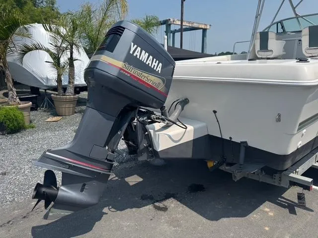 Slide: The Image of 1995 Pro-Line 231 WA boat with Yamaha outboard motor, parked on a trailer. - 18