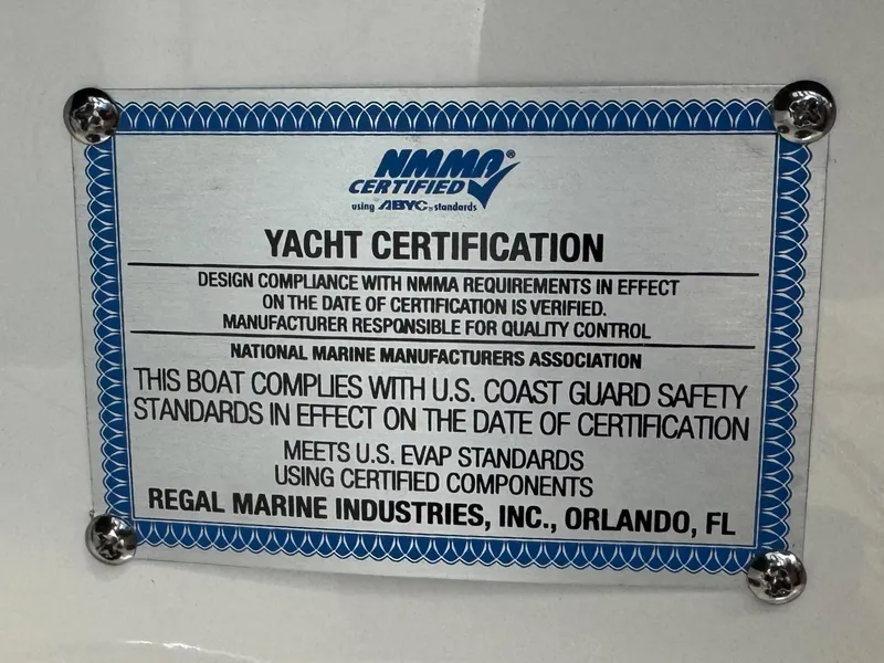 Slide: The Image of NMMA certified yacht certification plaque for Regal LS6, 2025 model, by Regal Marine Industries. - 10