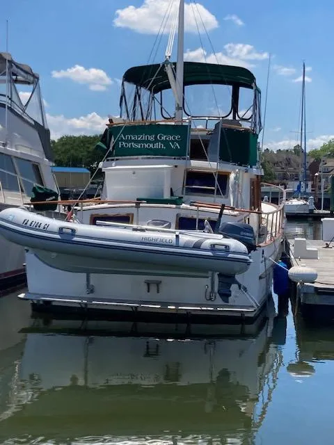 Slide: The Image of 1986 Albin 36 Trawler docked, named "Amazing Grace," in Portsmouth, VA, with inflatable boat attached. - 4