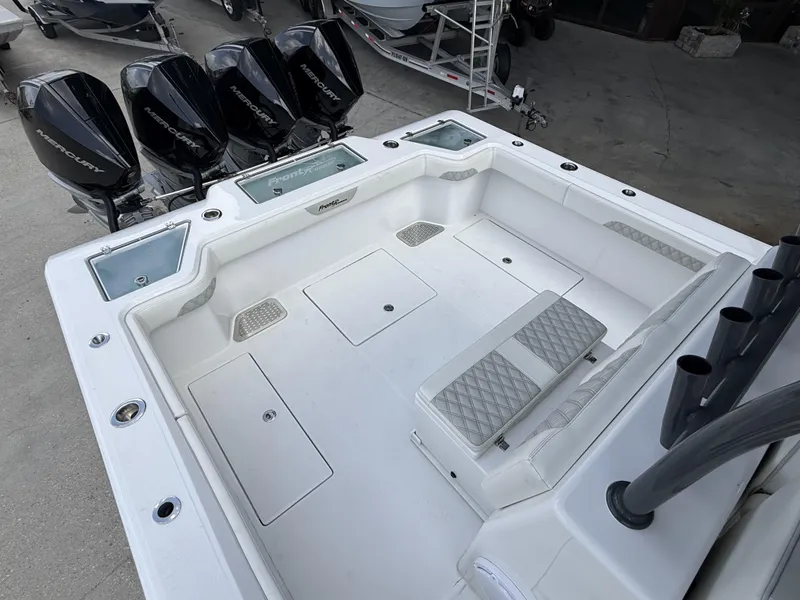 Slide: The Image of 2024 Front Runner 39 CC boat deck with multiple Mercury outboard engines. - 9