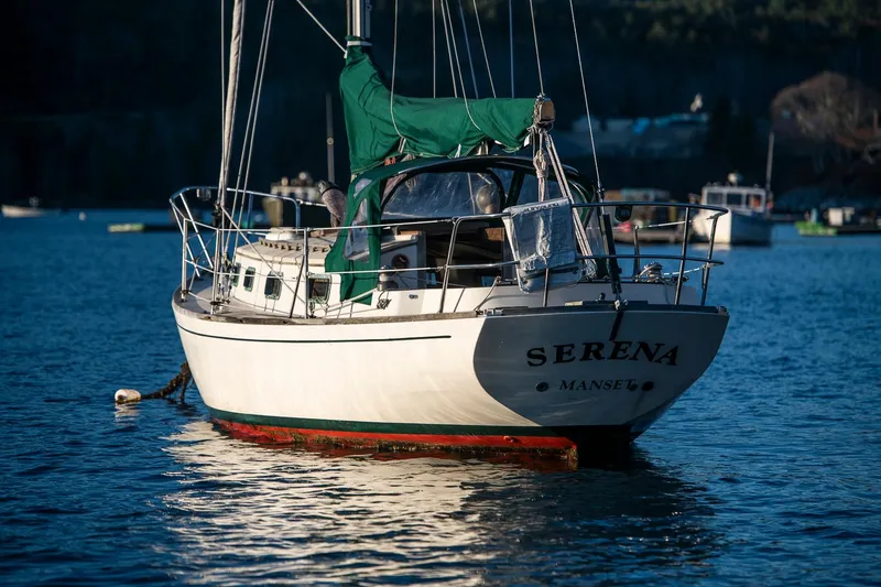 Slide: The Image of Sailboat "Serena" on water, Morris Linda 28, 1988 model, with green sail cover. - 3