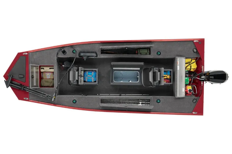 Slide: The Image of Top view of 2025 Tracker Panfish 17 fishing boat with seating and storage compartments. - 8