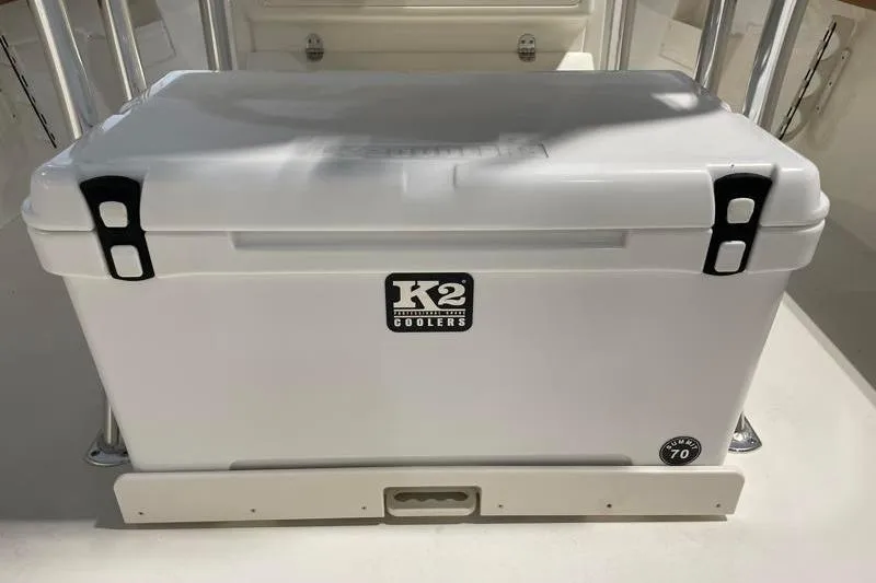 Slide: The Image of White K2 cooler on a 2025 Key West 239 FS boat deck. - 41