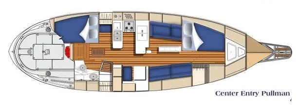 Slide: The Image of 1997 Valiant 42 sailboat layout with center entry Pullman, featuring cabins, galley, and seating areas. - 39