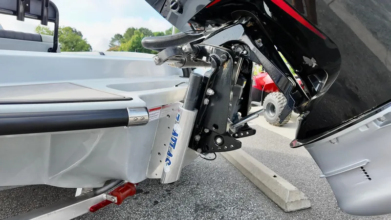 Slide: The Image of 2025 ALK2 Powerboats 21 BHX motor detail, showcasing advanced outboard engine and hydraulic system. - 15