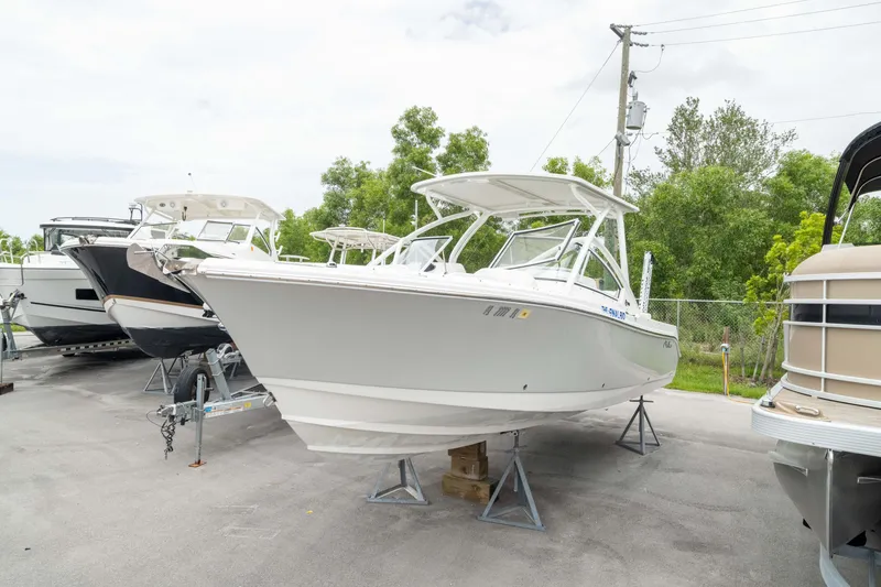 Slide: The Image of 2023 Edgewater 248 CX boat on display, elevated on stands, surrounded by greenery. - 0