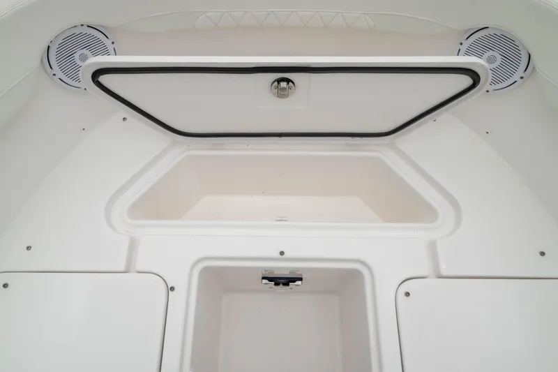 Slide: The Image of 2023 Edgewater 248 CX boat interior storage compartment with speakers. - 42