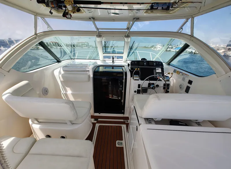 Slide: The Image of 2008 Tiara Yachts 3200 Open cockpit with white seating and ocean view. - 24