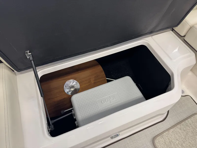 Slide: The Image of Storage compartment in 2025 Regal LS4 boat, featuring cooler and wooden panel. - 17