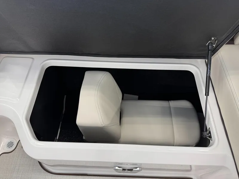 Slide: The Image of Storage compartment in 2025 Regal LS4 boat with cushioned interior. - 18