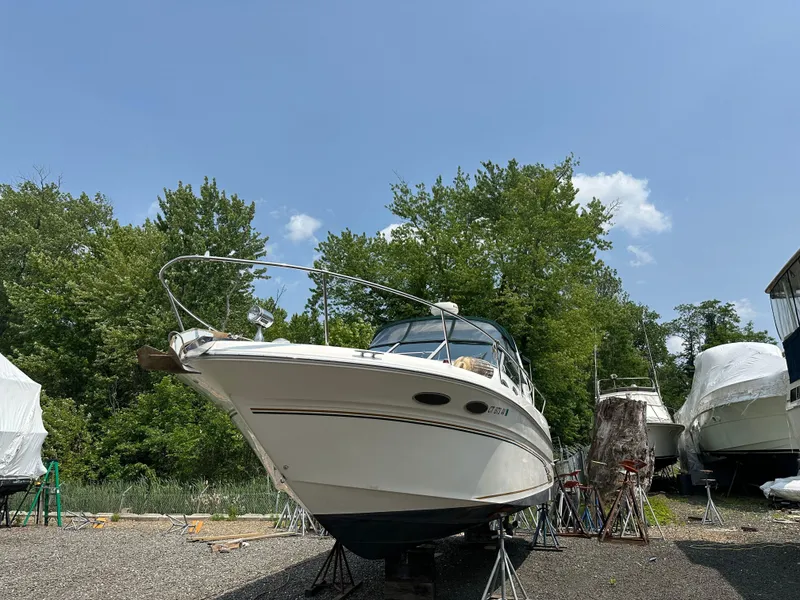 Slide: The Image of 1998 Sea Ray 290 Sundancer boat on stands, surrounded by trees and other boats. - 4