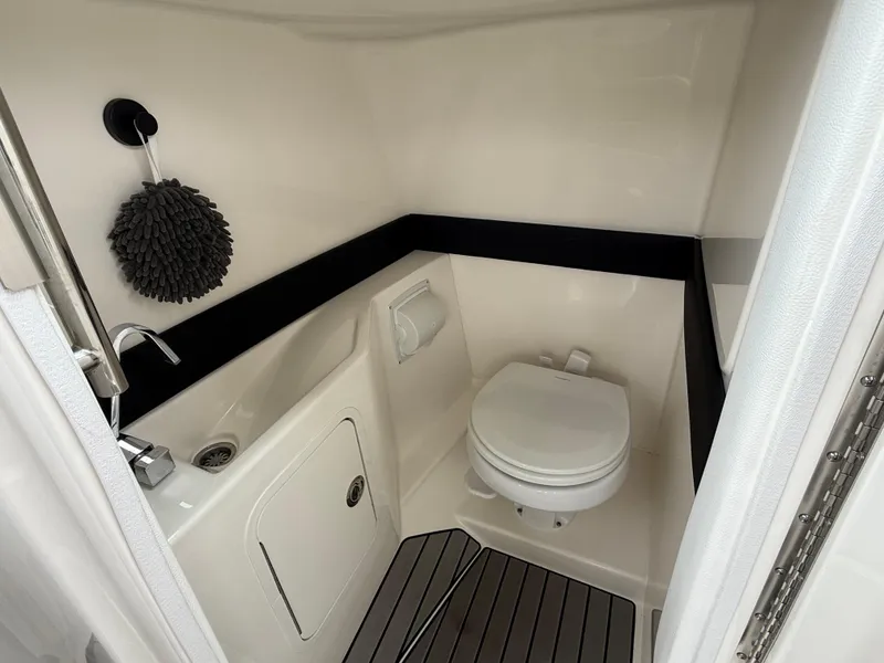 Slide: The Image of 2024 Sea Ray SLX 260 boat bathroom with toilet, sink, and modern design. - 11
