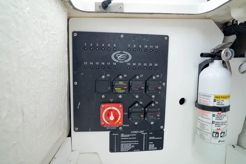 Slide: The Image of Electrical panel and fire extinguisher on 2023 Cobalt R6 Outboard boat. - 27
