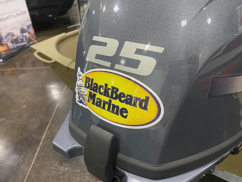 Slide: The Image of Outboard motor with "BlackBeard Marine" sticker on a 2025 G3 Gator Tough 1648 LW boat. - 6