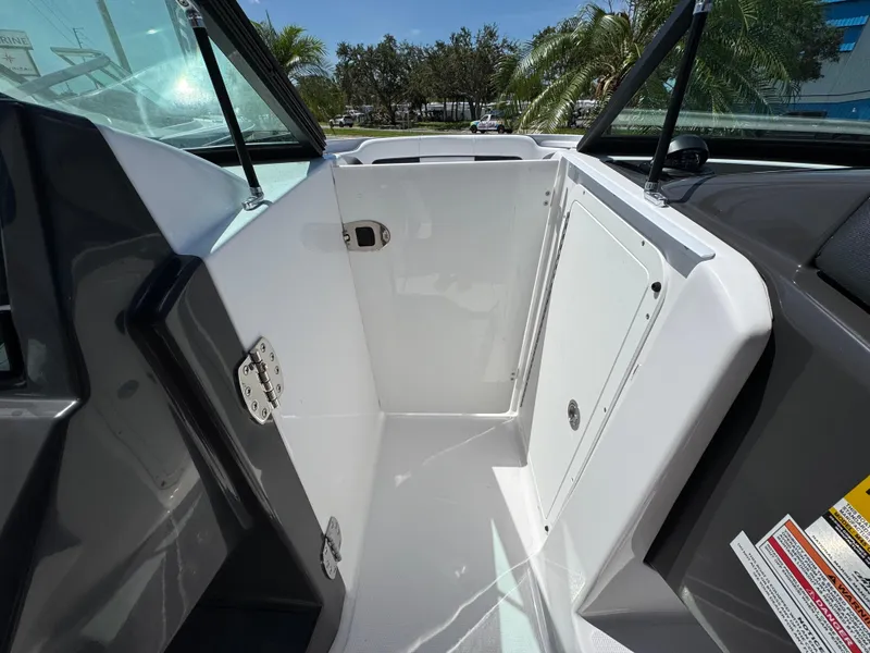 Slide: The Image of Interior view of 2025 Monterey M-45 boat, featuring sleek design and storage compartment. - 12