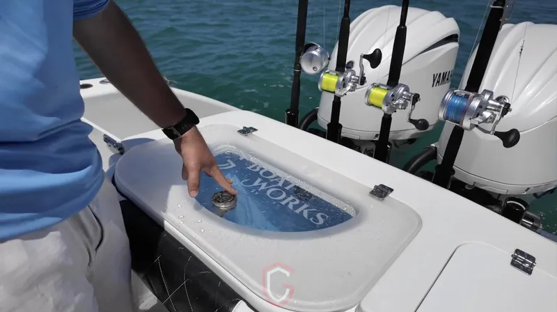 Slide: The Image of 2023 CG Boat Works 35 M-Series with fishing rods and Yamaha engines on water. - 27