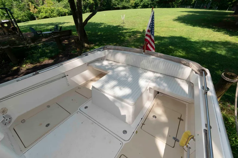 Slide: The Image of 2005 Holby Pilot 24 boat with seating, American flag, and lush green background. - 9