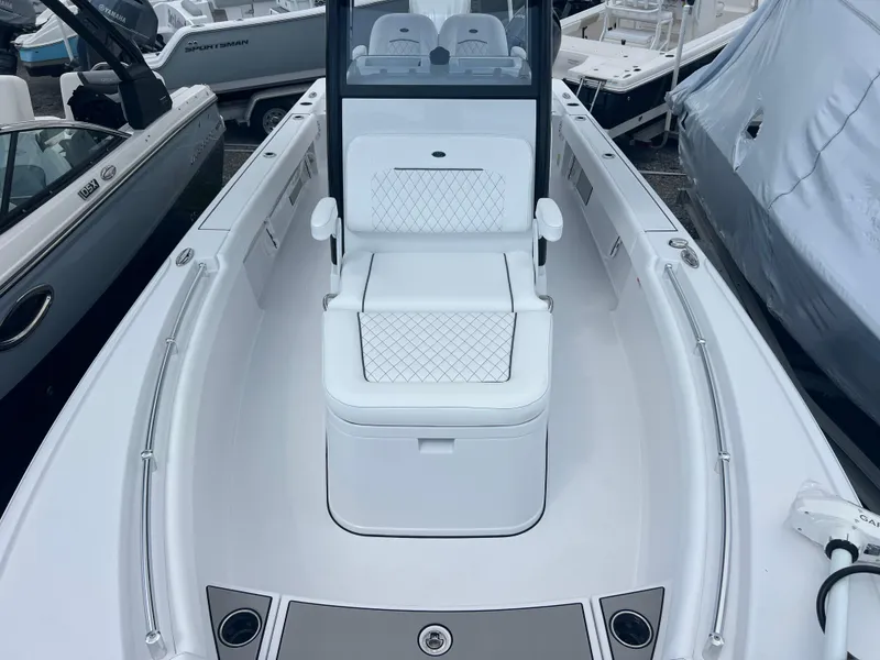 Slide: The Image of 2025 Sportsman Masters 247OE Bay Boat, sleek white design, spacious seating, modern features. - 14