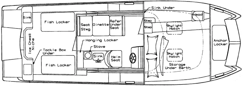Slide: The Image of Floor plan of a 2002 Glacier Bay 2690 Coastal Runner boat, featuring storage and seating areas. - 22