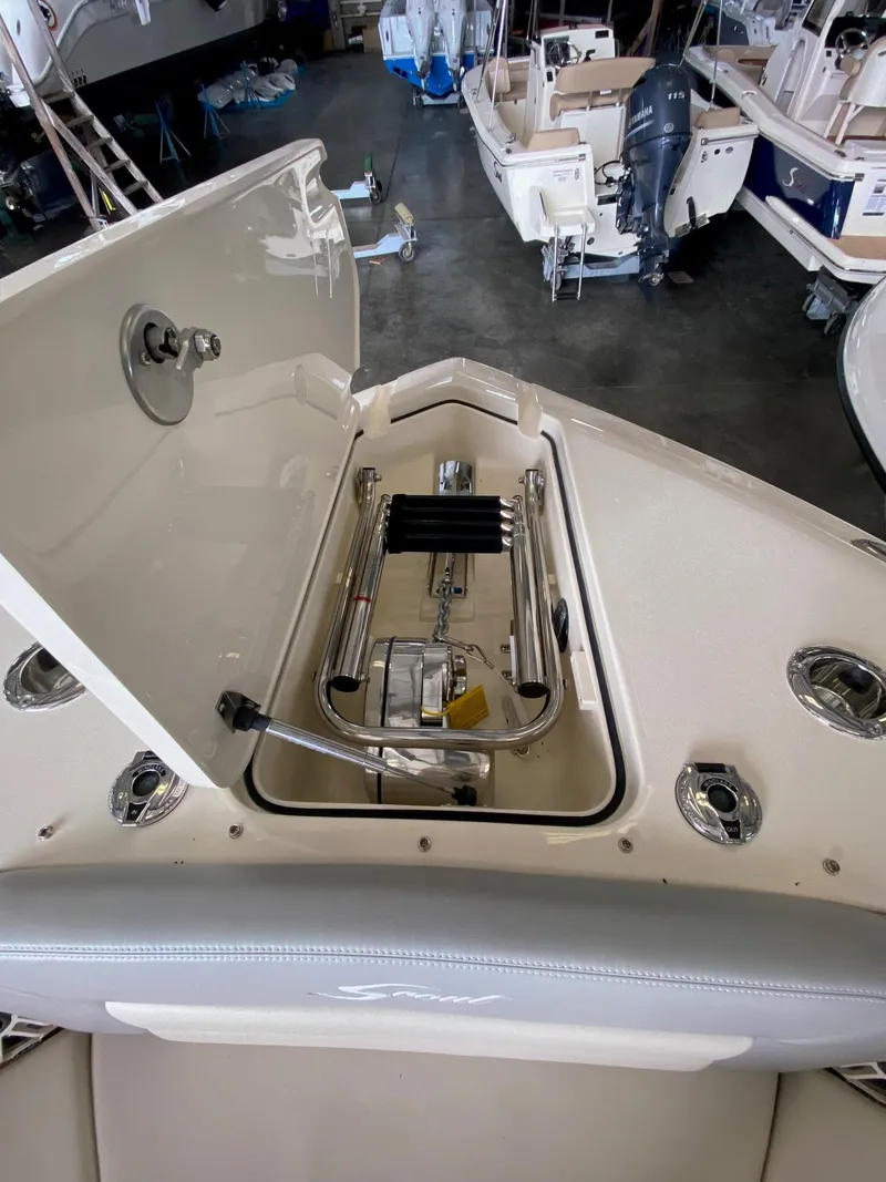 Slide: The Image of 2026 Scout 255 Dorado boat interior with open storage compartment and ladder. - 11