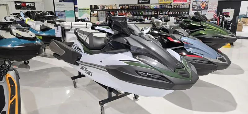 Slide: The Image of 2025 Kawasaki Jetski Ultra 160 LX-S Angler displayed in a showroom. - 3