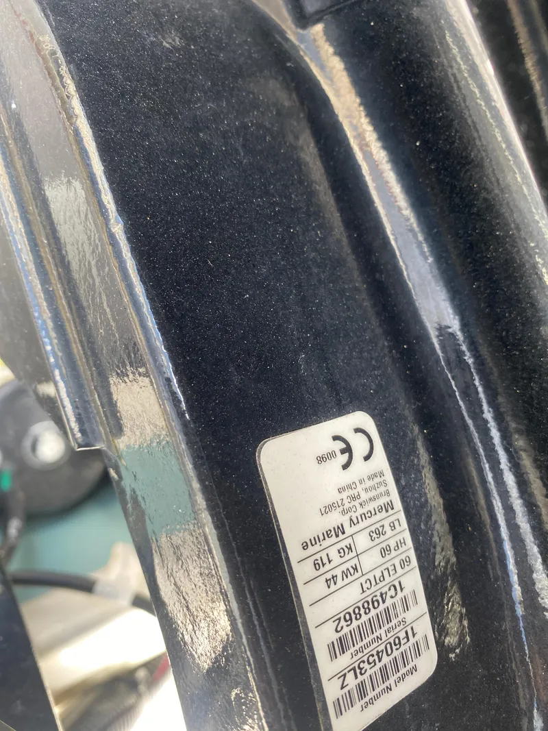 Slide: The Image of Close-up of a label on a 2018 Boston Whaler 150 Super Sport boat. - 24
