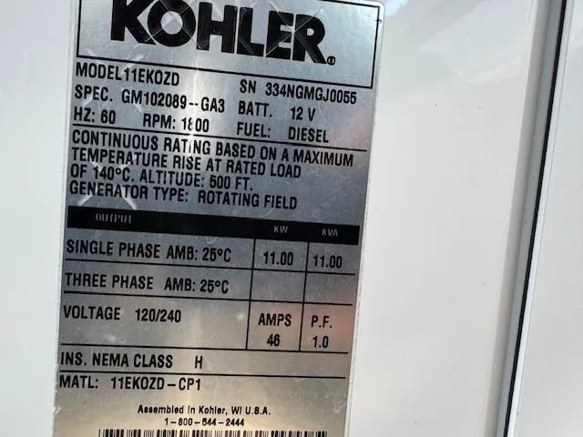 Slide: The Image of Kohler generator label with specifications, including model 11EKOZD, diesel fuel, and 120/240 voltage. - 39