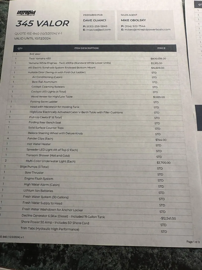 Slide: The Image of 2021 Intrepid 345 Valor boat specifications and pricing list on a printed document. - 34