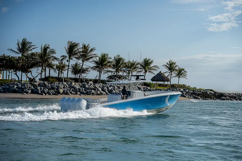 Slide: The Image of A 2013 Bahama Quad V10's boat cruising near a tropical shoreline with palm trees. - 32